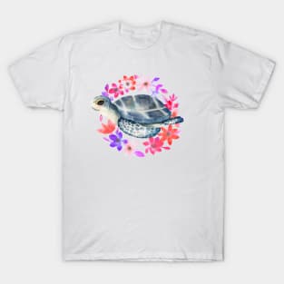 Watercolor Cute Floral Sea Turtle . T-Shirt